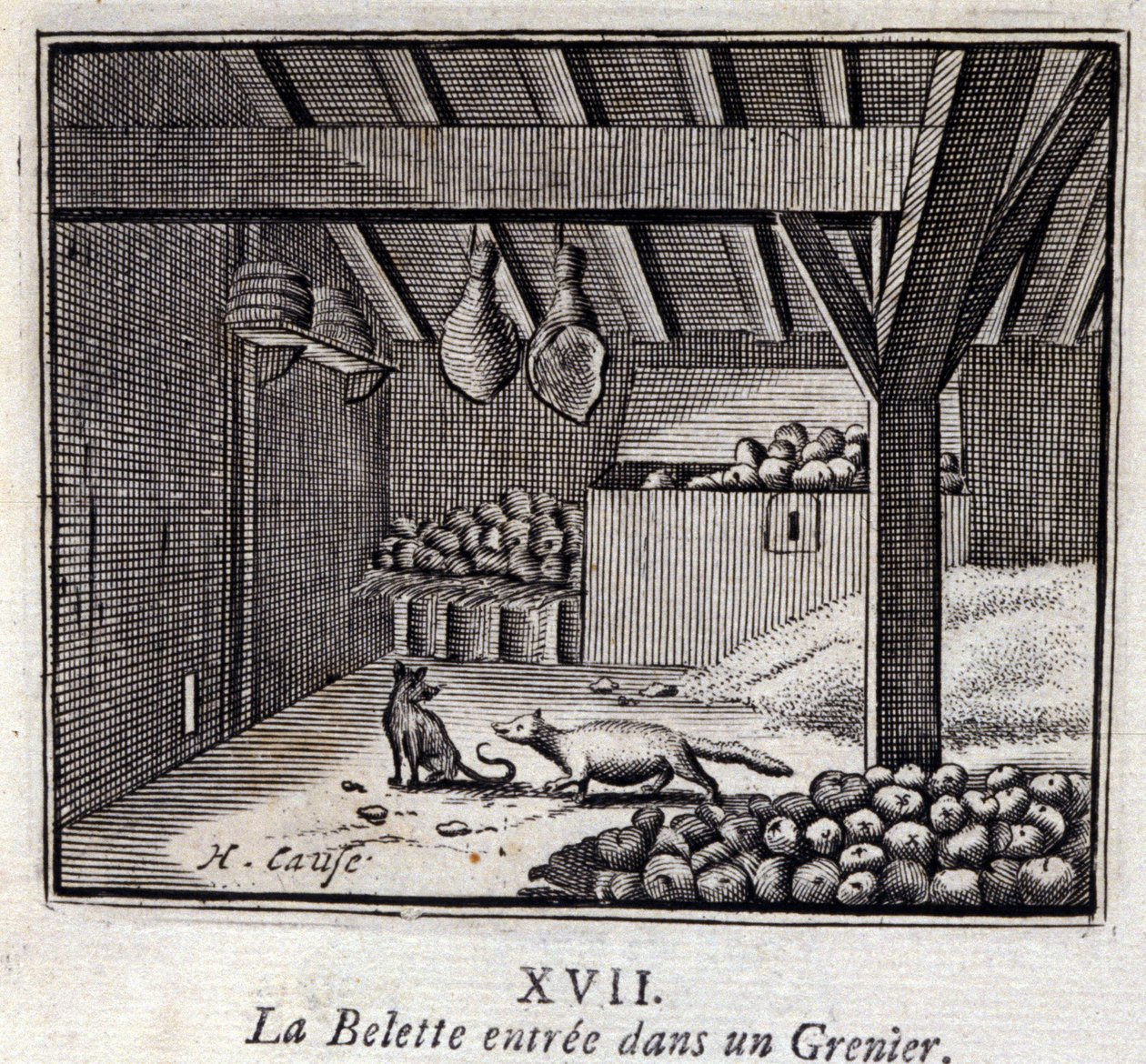 La Weasette gick in i en Grenier. Fabler av Jean de La Fontaine (1621-95). Illustration av François Chauveau (1613-1676). Upplaga av 1728. av Francois Chauveau