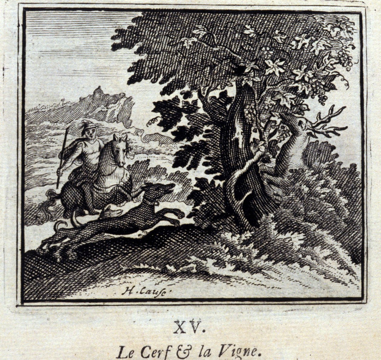 Hjorten och vinstocken Fabler av Jean de La Fontaine (1621-95). Illustration av François Chauveau (1613-1676). Upplaga av 1728. av Francois Chauveau
