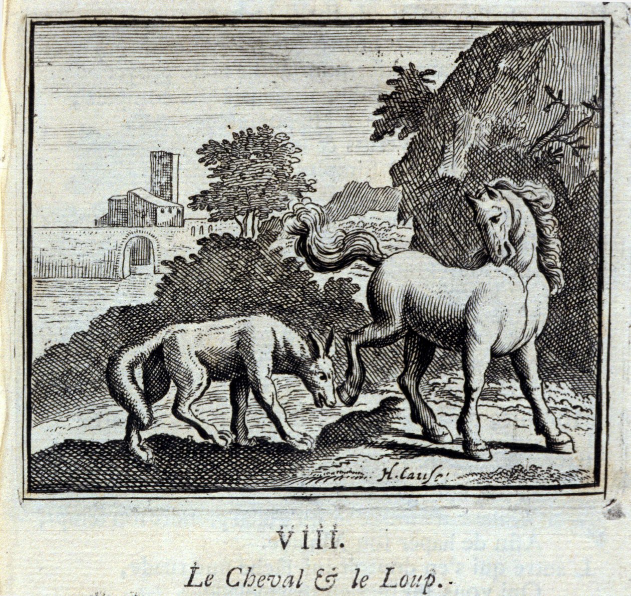 Hästen och vargen. Fabler av Jean de La Fontaine (1621-95). Illustration av François Chauveau (1613-1676). Upplaga av 1728. av Francois Chauveau