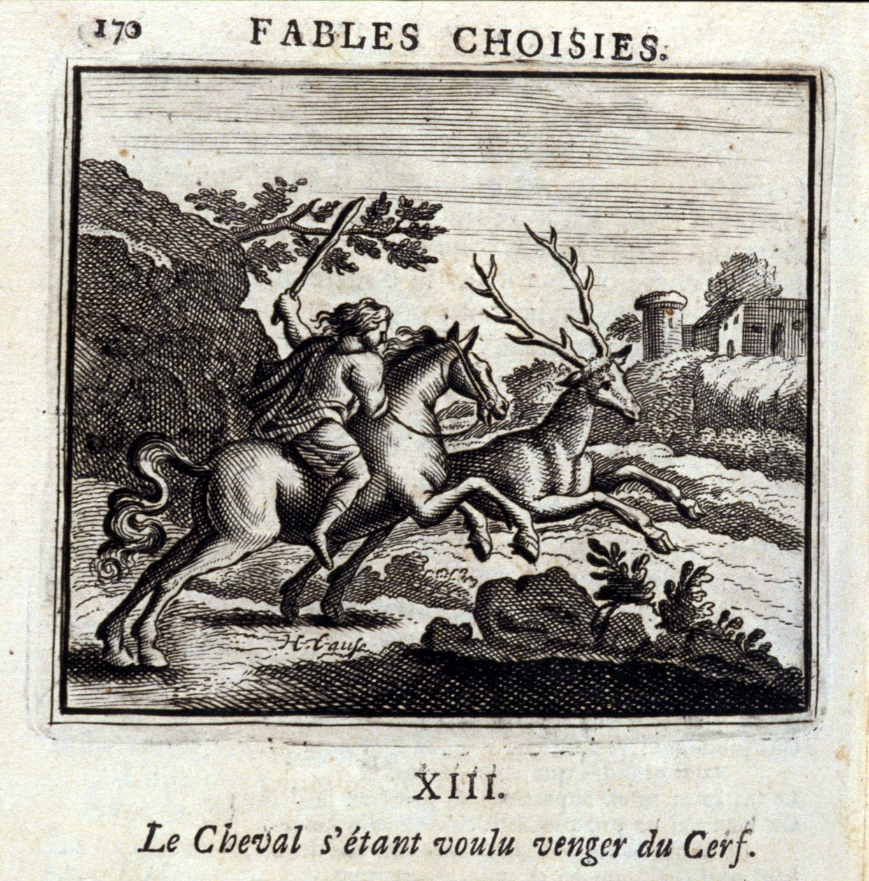 Hästen ville hämnas för hjorten. Fabler av Jean de La Fontaine (1621-95). Illustration av Francois Chauveau (1613-1676). Upplaga av 1728. av Francois Chauveau