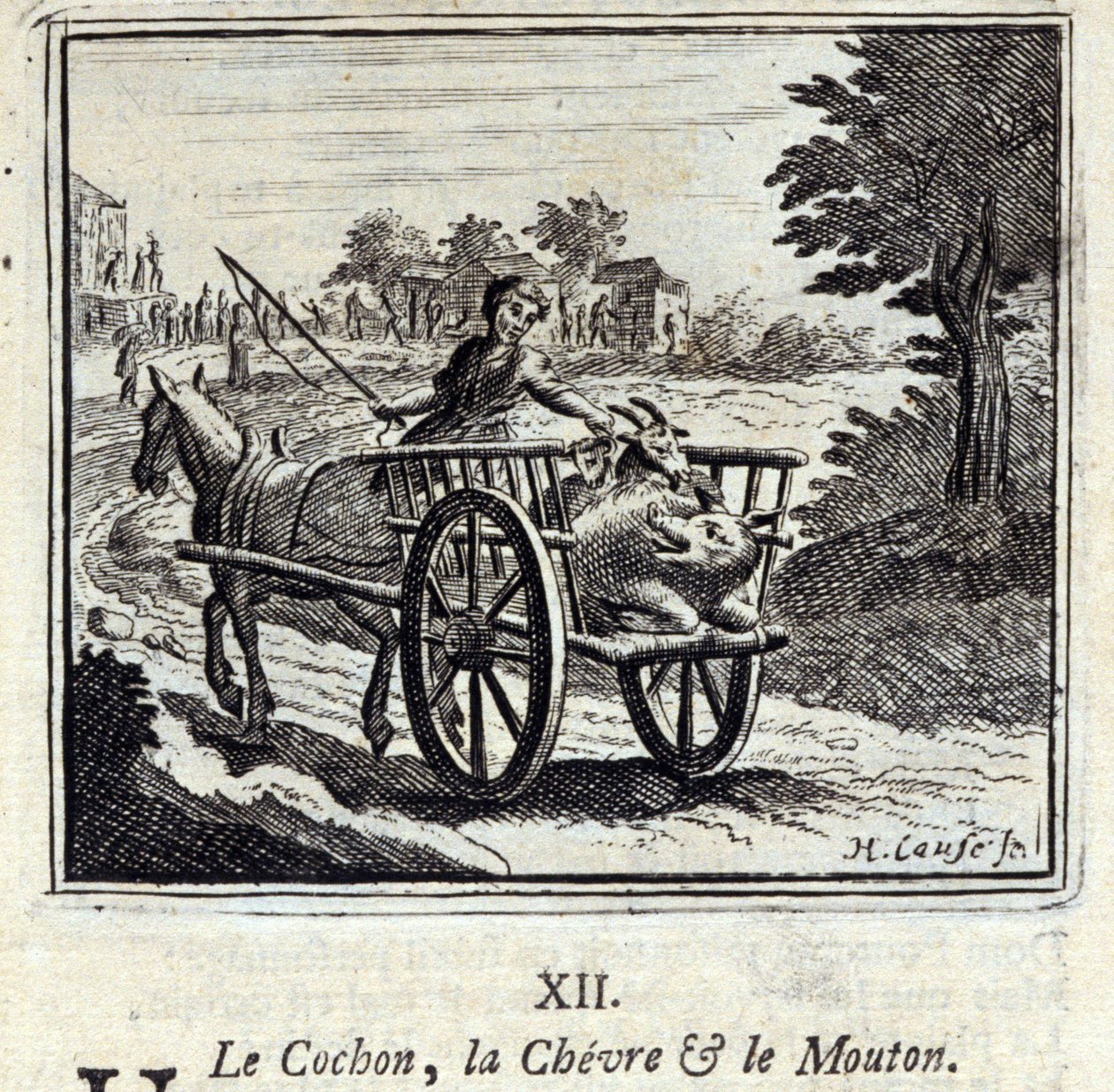 The Pig the Goat and the Mut.Fables av Jean de La Fontaine (1621-95). Illustration av Francois Chauveau (1613-1676). Upplaga av 1728. av Francois Chauveau