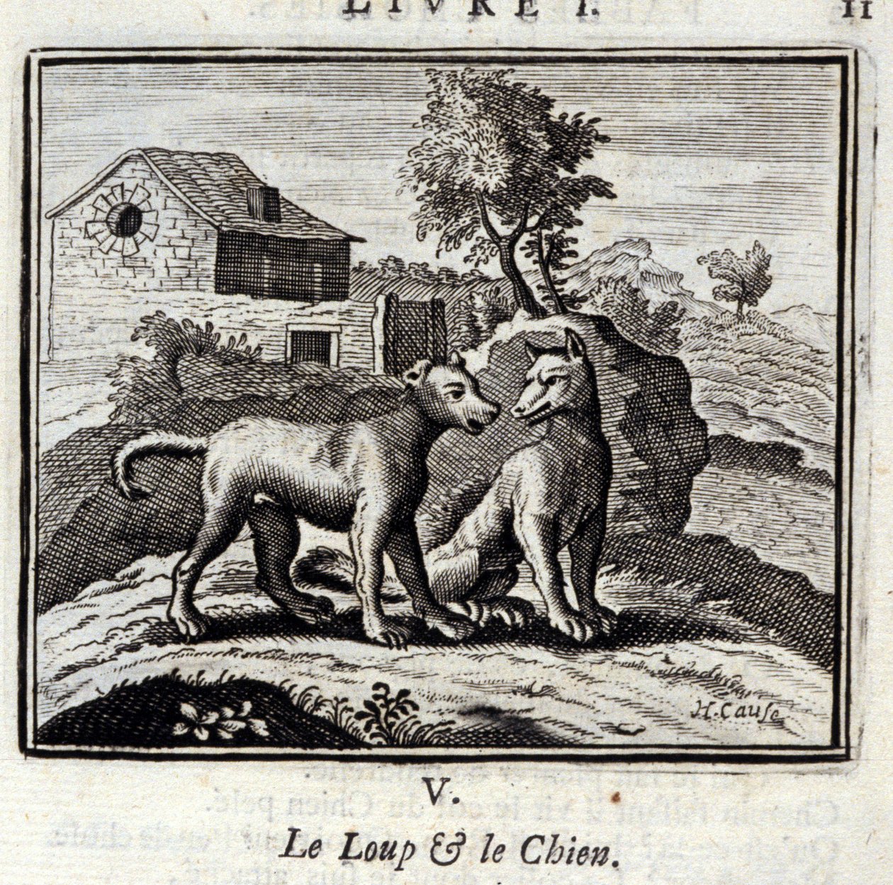 Vargen och hunden. Fabler av Jean de La Fontaine (1621-95). Illustration av Francois Chauveau (1613-1676). Upplaga av 1728. av Francois Chauveau