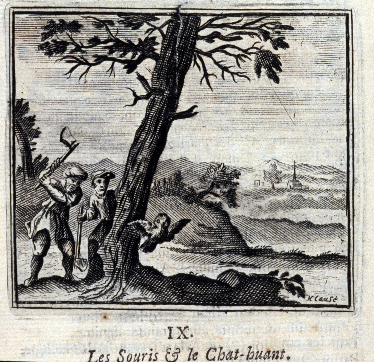 Mössen och Huantkattens fabler av Jean de La Fontaine (1621-95). Illustration av Francois Chauveau (1613-1676). Upplaga av 1728. av Francois Chauveau