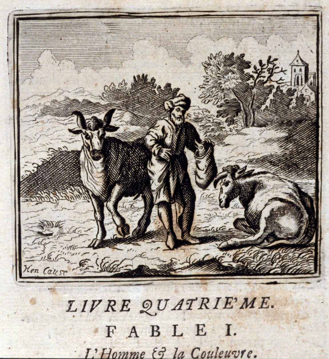Man och orm. Fabler av Jean de La Fontaine (1621-95). Illustration av Francois Chauveau (1613-1676). Upplaga av 1728. av Francois Chauveau