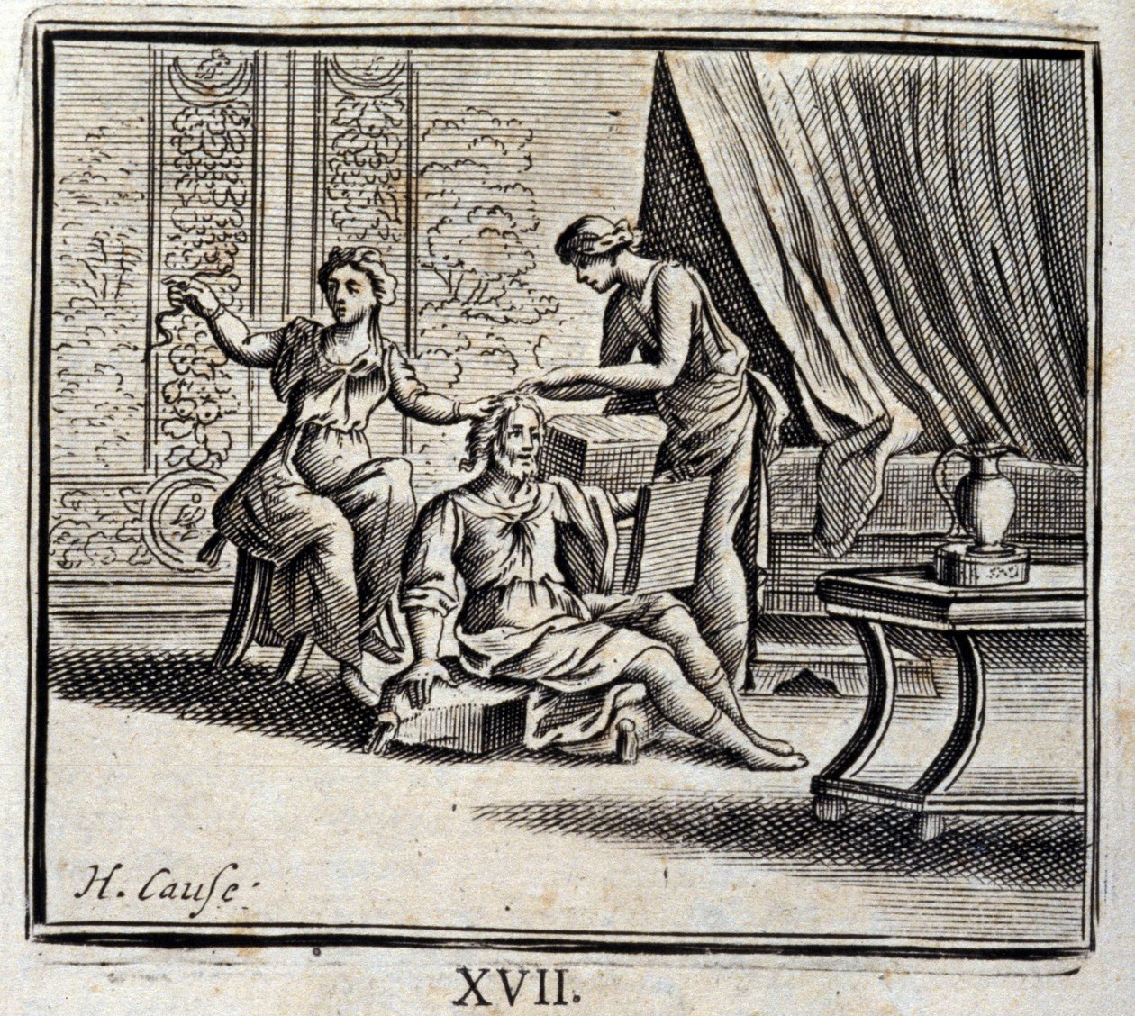 Man mellan två åldrar och hans två älskarinnor. Fabler av Jean de La Fontaine (1621-95). Illustration av Francois Chauveau (1613-1676). Upplaga av 1728. av Francois Chauveau