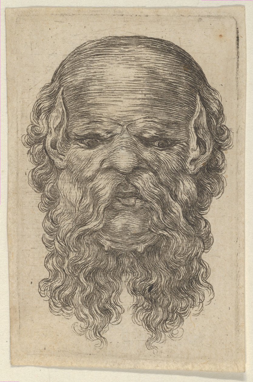 Mask av en skallig man med spetsiga öron och ett långt, delat skägg, från Divers Masques, ca. 1635-45. av Francois Chauveau