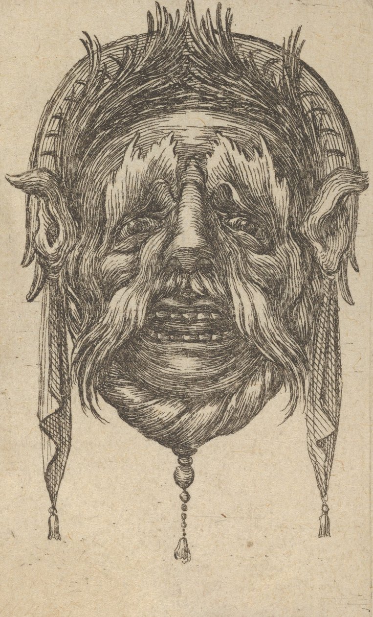 Mask med långa ögonbryn och mustasch och en huvudbonad med dinglande tyg, från Dive..., ca. 1635-45. av Francois Chauveau