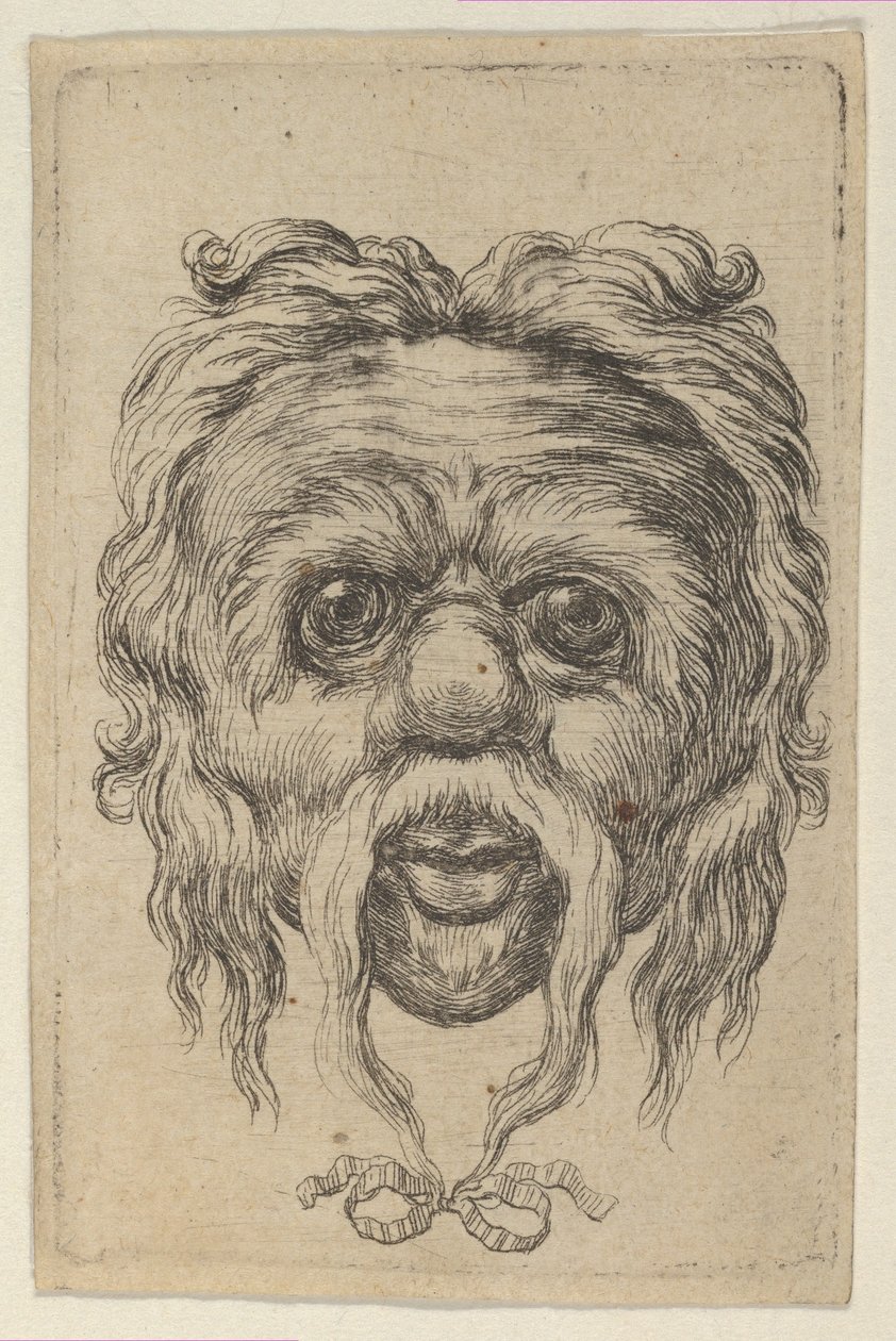 Mask med lång mustasch bundet med ett band under hakan, från Divers Masques, ca. 1635-45. av Francois Chauveau