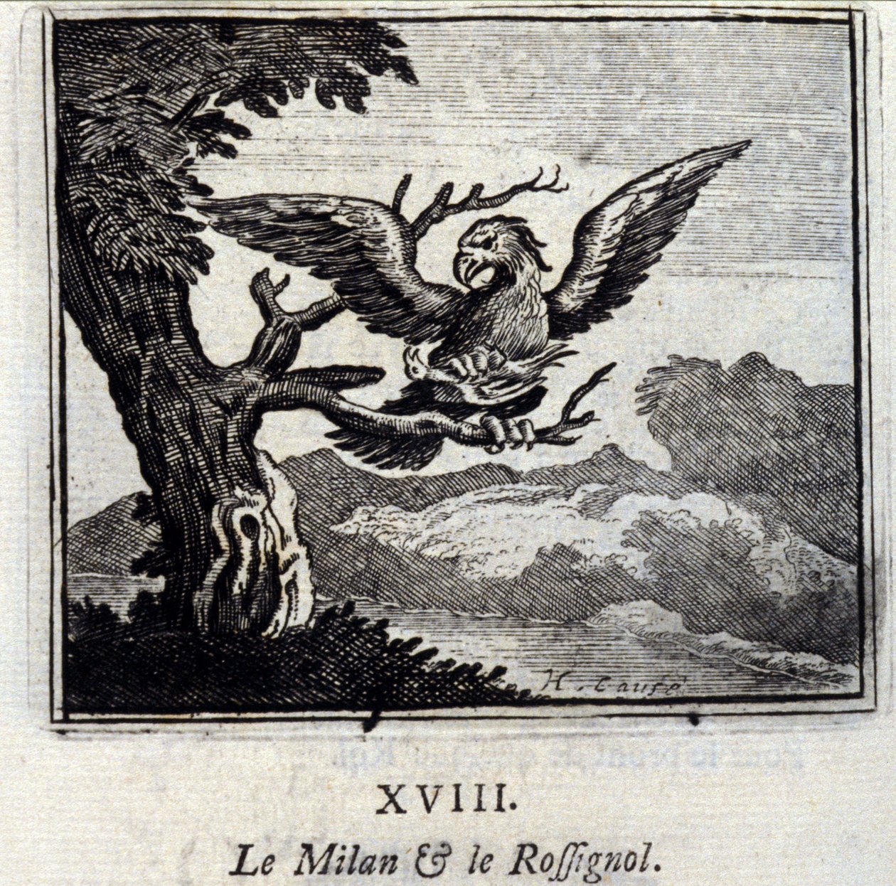 Milano och näktergalen. Fabler av Jean de La Fontaine (1621-95). Illustration av Francois Chauveau (1613-1676). Upplaga av 1728. av Francois Chauveau