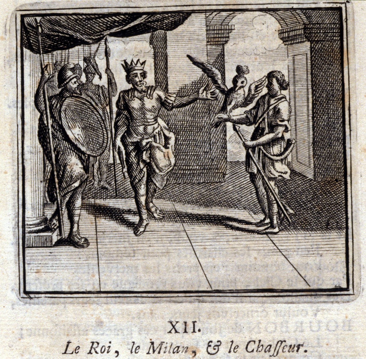 Milan kungen och jägaren. Fabler av Jean de La Fontaine (1621-95). Illustration av François Chauveau (1613-1676). Upplaga från 1728. av Francois Chauveau