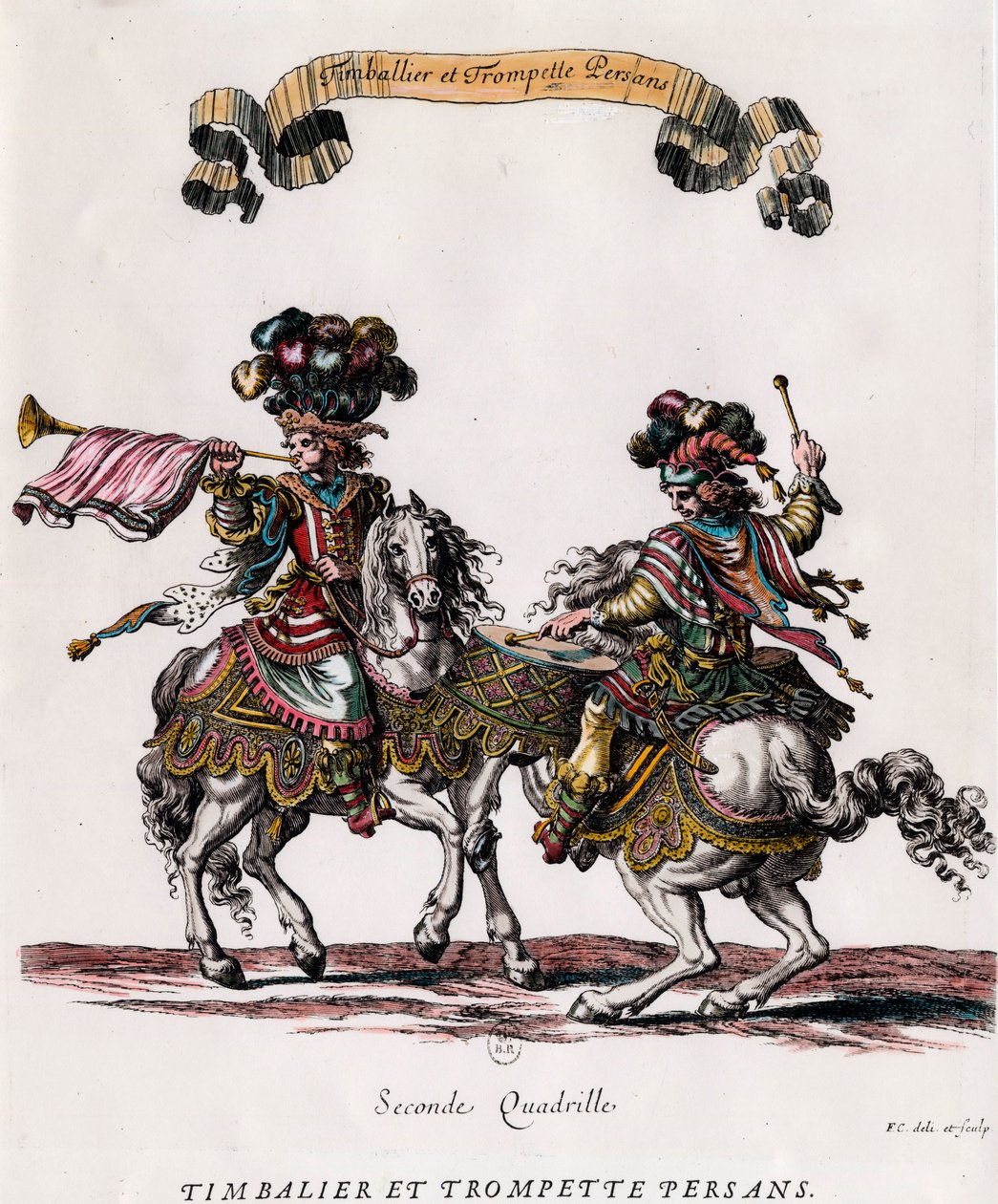 Persisk timbalier och trumpet under karusellen som gavs av kung Ludvig XIV (1639-1715) Gravyr av Francois Chauveau (1613-1676) cirka 1662 Privat samling av Francois Chauveau