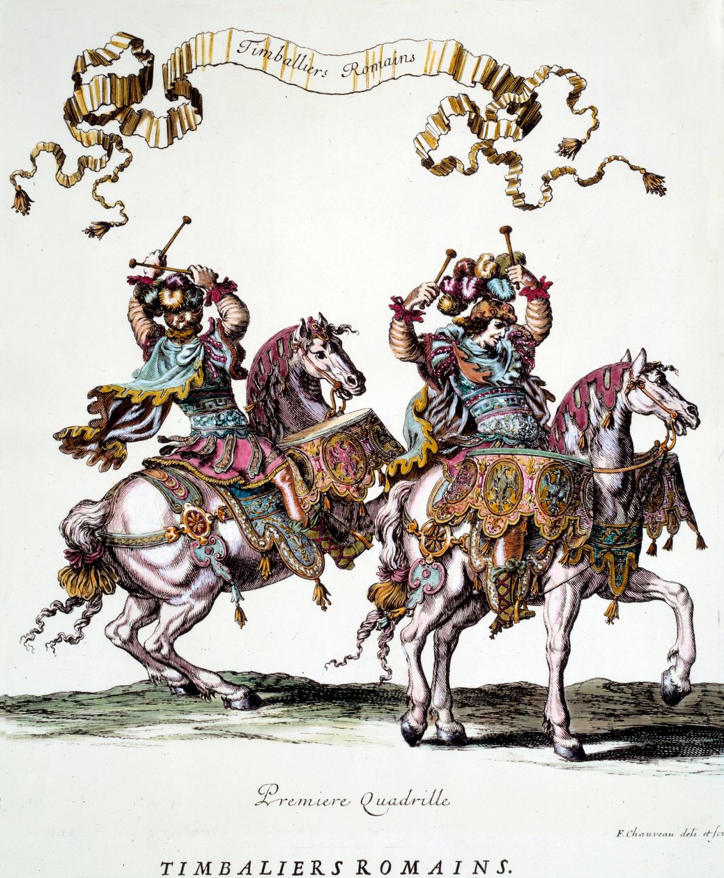 Romerska timbaliers under karusellen som gavs av kung Ludvig XIV (1638-1715) 1662 Gravyr av Francois Chauveau (1613-1676) 1600-talets privatsamling av Francois Chauveau