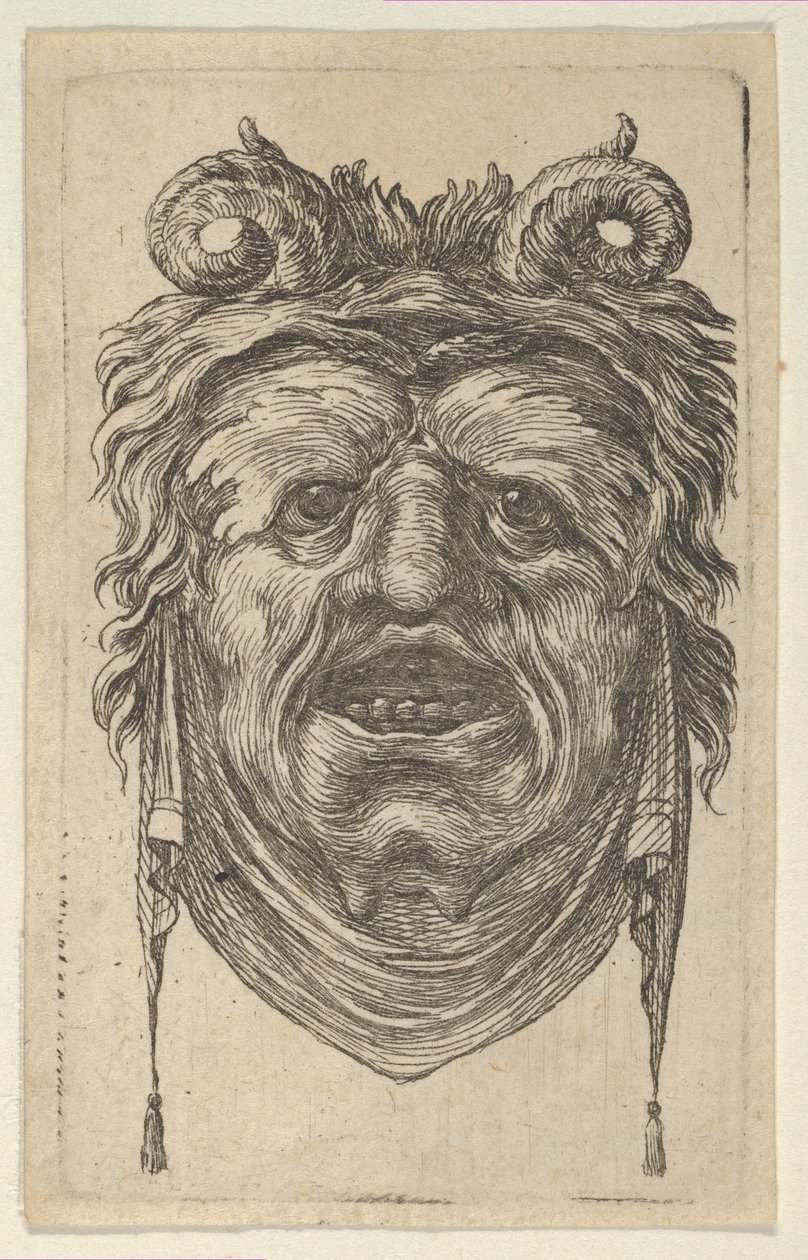 Satyrmask med böjda horn, bladiga ögonbryn och en duk som hänger under hakan, ca. 1635-45. av Francois Chauveau