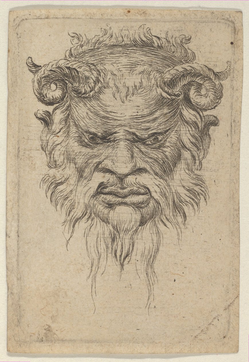 Satyrmask med krökta horn som tittar ner, från Divers Masques, ca. 1635-45. av Francois Chauveau