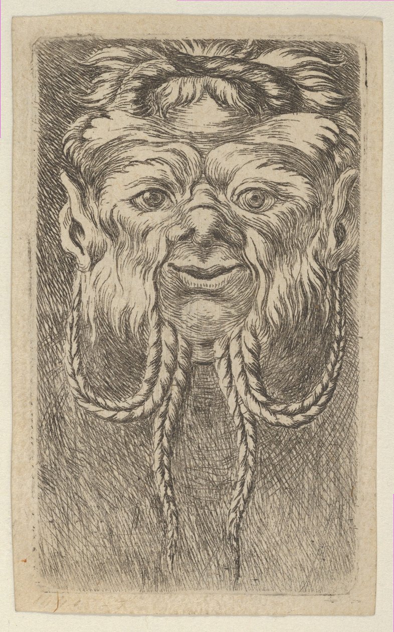 Satyrmask med överlappande horn och fyra flätade skäggstrån, från Divers Ma..., ca. 1635-45. av Francois Chauveau