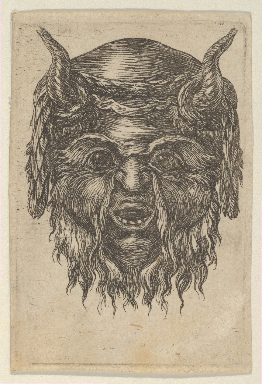 Satyrmask med en lagerkrans draperad över hornen, från Divers Masques, ca. 1635-45. av Francois Chauveau