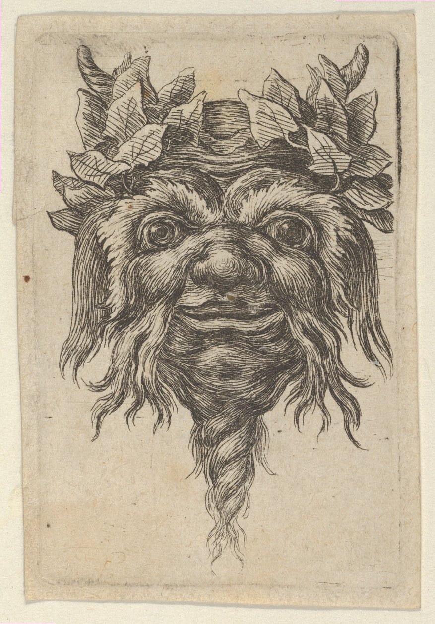 Satyrmask med ett spiralformat skägg och murgröna grupperade runt varje horn, från Divers..., ca. 1635-45. av Francois Chauveau