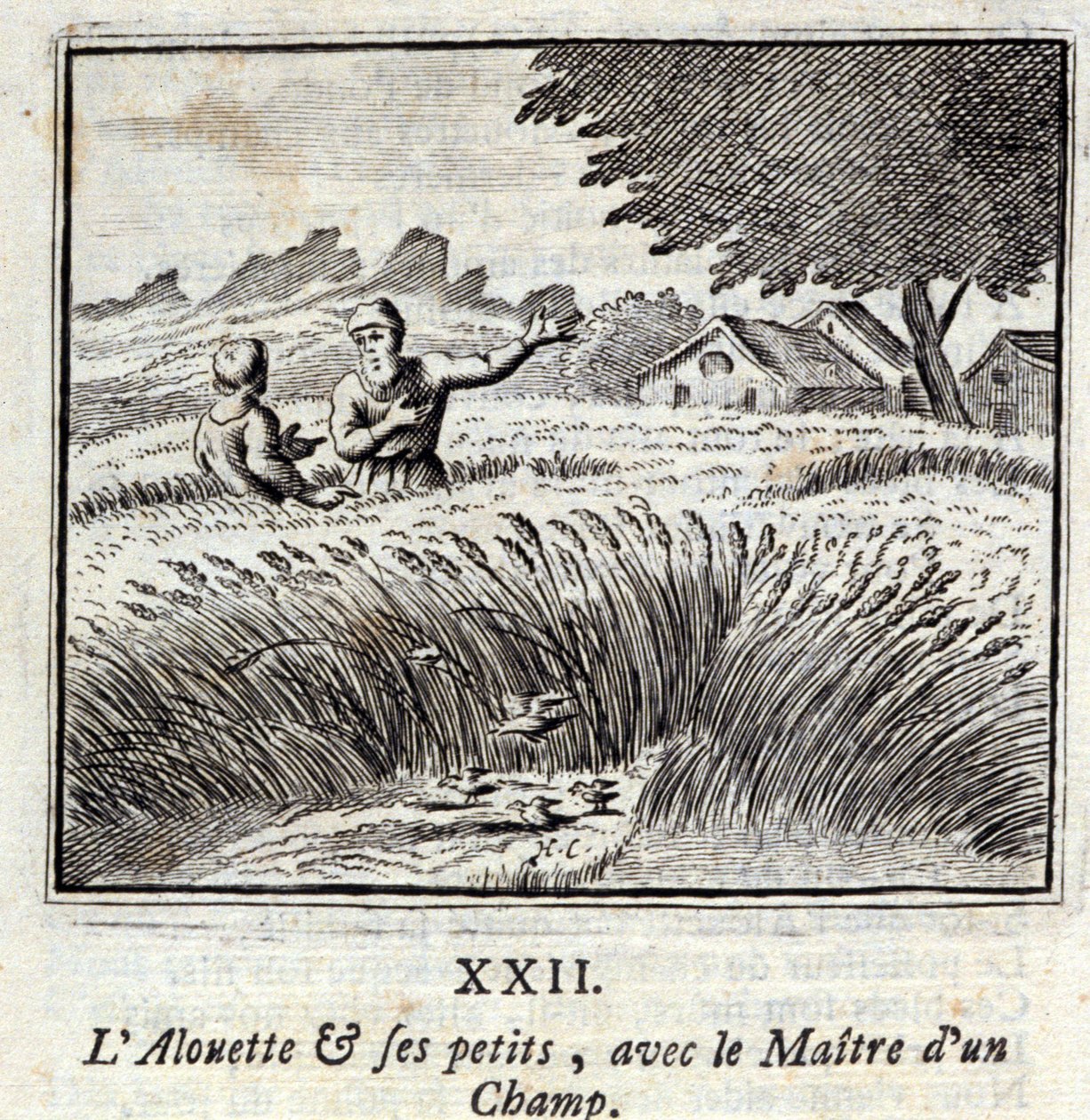 Alouetten och hans små med Mästaren på ett fält. Fabler av Jean de La Fontaine (1621-95). Illustration av François Chauveau (1613-1676). Upplaga av 1728. av Francois Chauveau