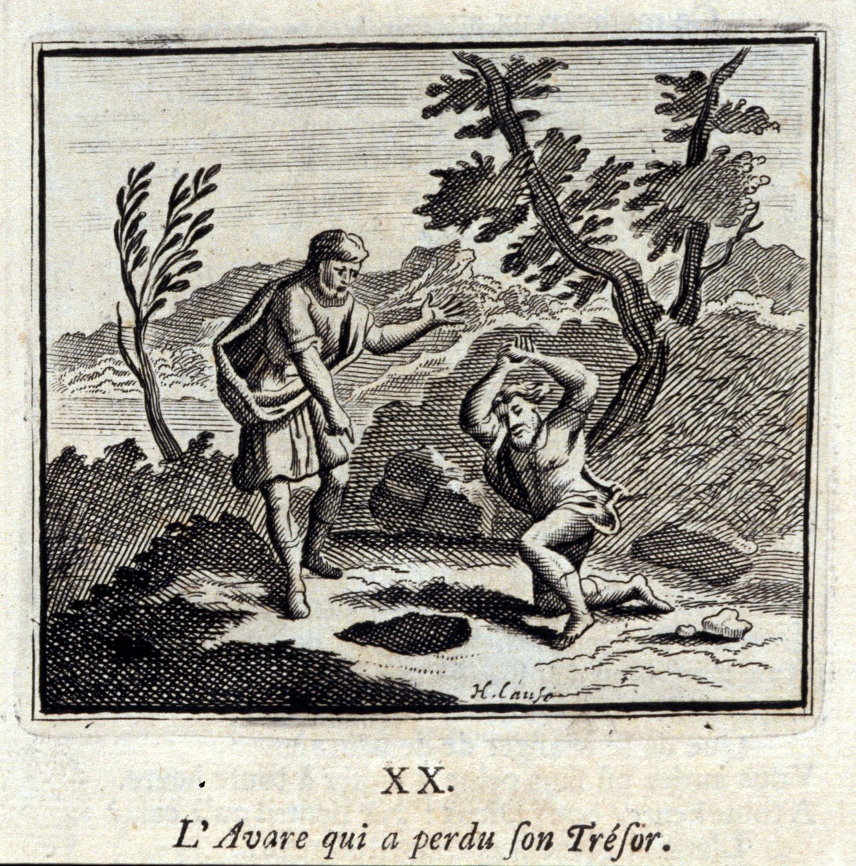 Avaren som förlorade sin tresor.Fabler av Jean de La Fontaine (1621-95). Illustration av François Chauveau (1613-1676). Upplaga av 1728. av Francois Chauveau