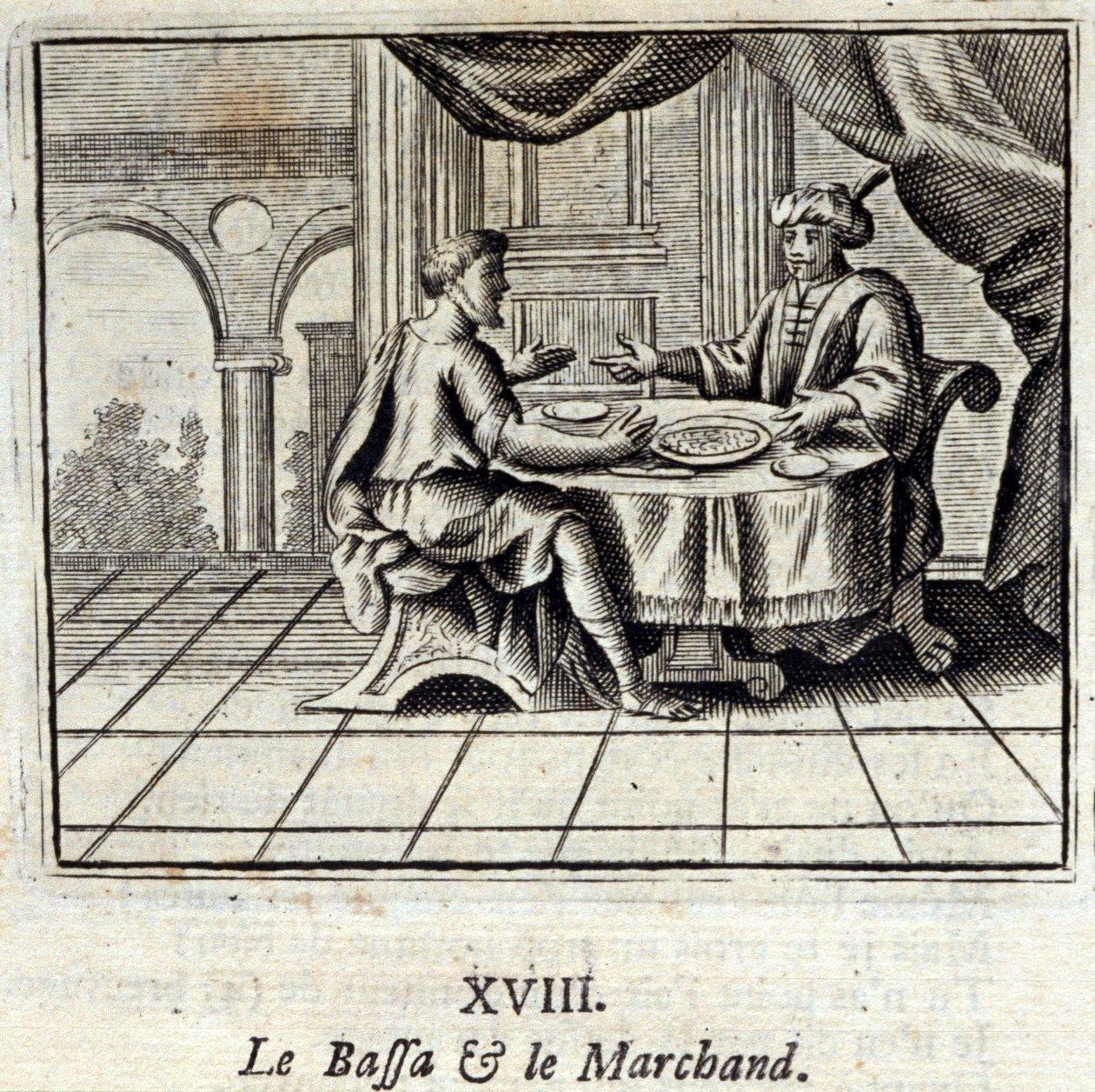 Bassa och köpman. Fabler av Jean de La Fontaine (1621-95). Illustration av François Chauveau (1613-1676). Upplaga från 1728. av Francois Chauveau