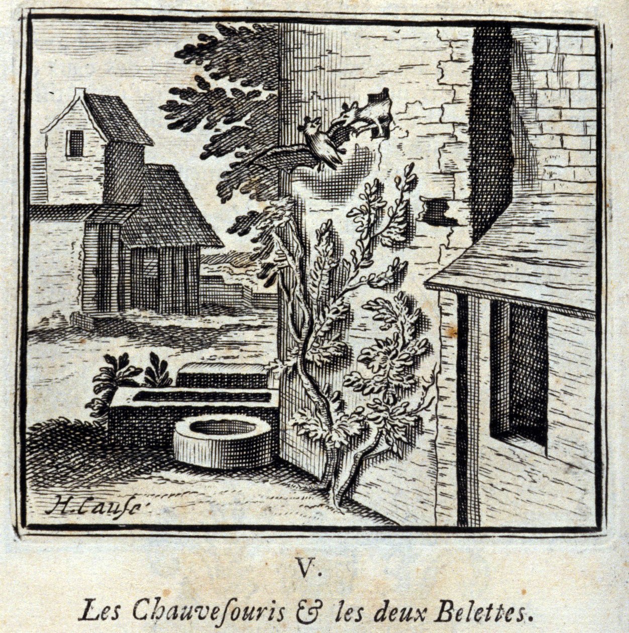 Fladdermusen och de två vesslorna. Fabler av Jean de La Fontaine (1621-95). Illustration av François Chauveau (1613-1676). Upplaga av 1728. av Francois Chauveau