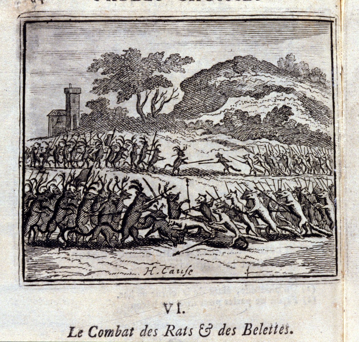Slaget om råttor och vässlor. Fabler av Jean de La Fontaine (1621-95). Illustration av François Chauveau (1613-1676). Upplaga av 1728. av Francois Chauveau
