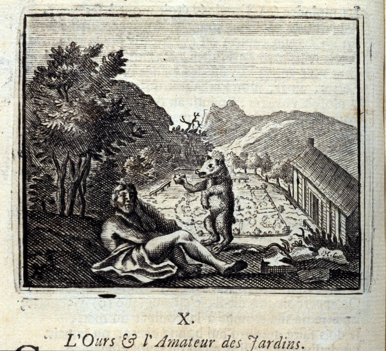 Björnen och trädgårdsamatören. Fabler av Jean de La Fontaine (1621-95). Illustration av François Chauveau (1613-1676). Upplaga av 1728. av Francois Chauveau