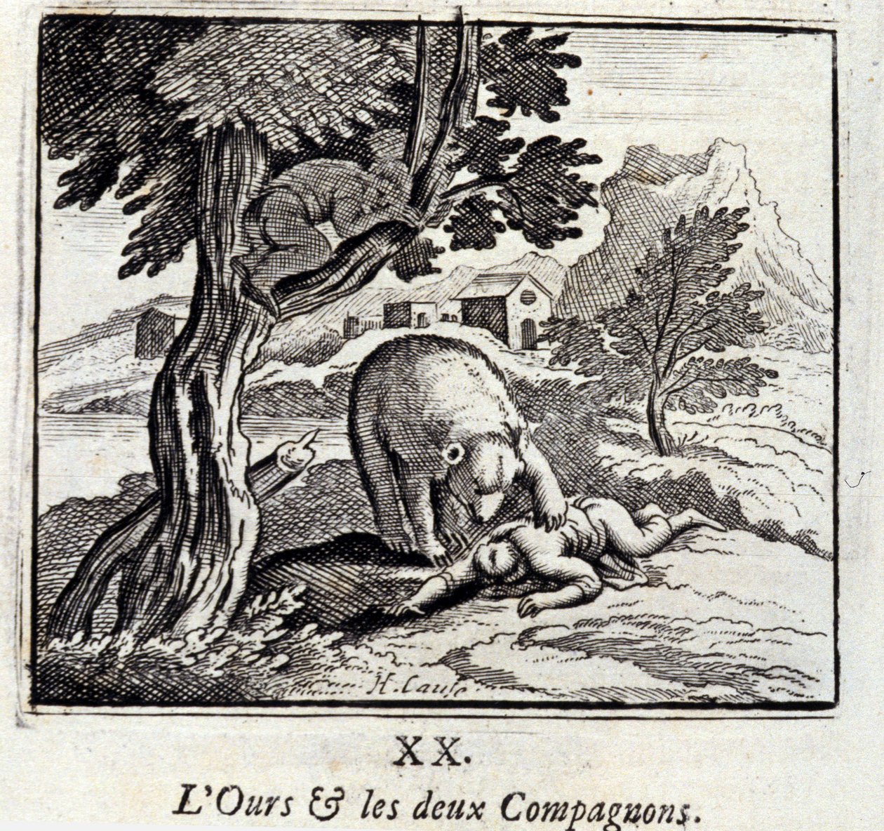 Björnen och de två följeslagarna. Fabler av Jean de La Fontaine (1621-95). Illustration av François Chauveau (1613-1676). Upplaga av 1728. av Francois Chauveau