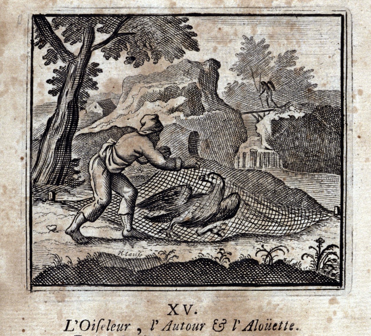 Fågelfågeln runt och Alouetten. Fabler av Jean de La Fontaine (1621-95). Illustration av François Chauveau (1613-1676). Upplaga av 1728. av Francois Chauveau