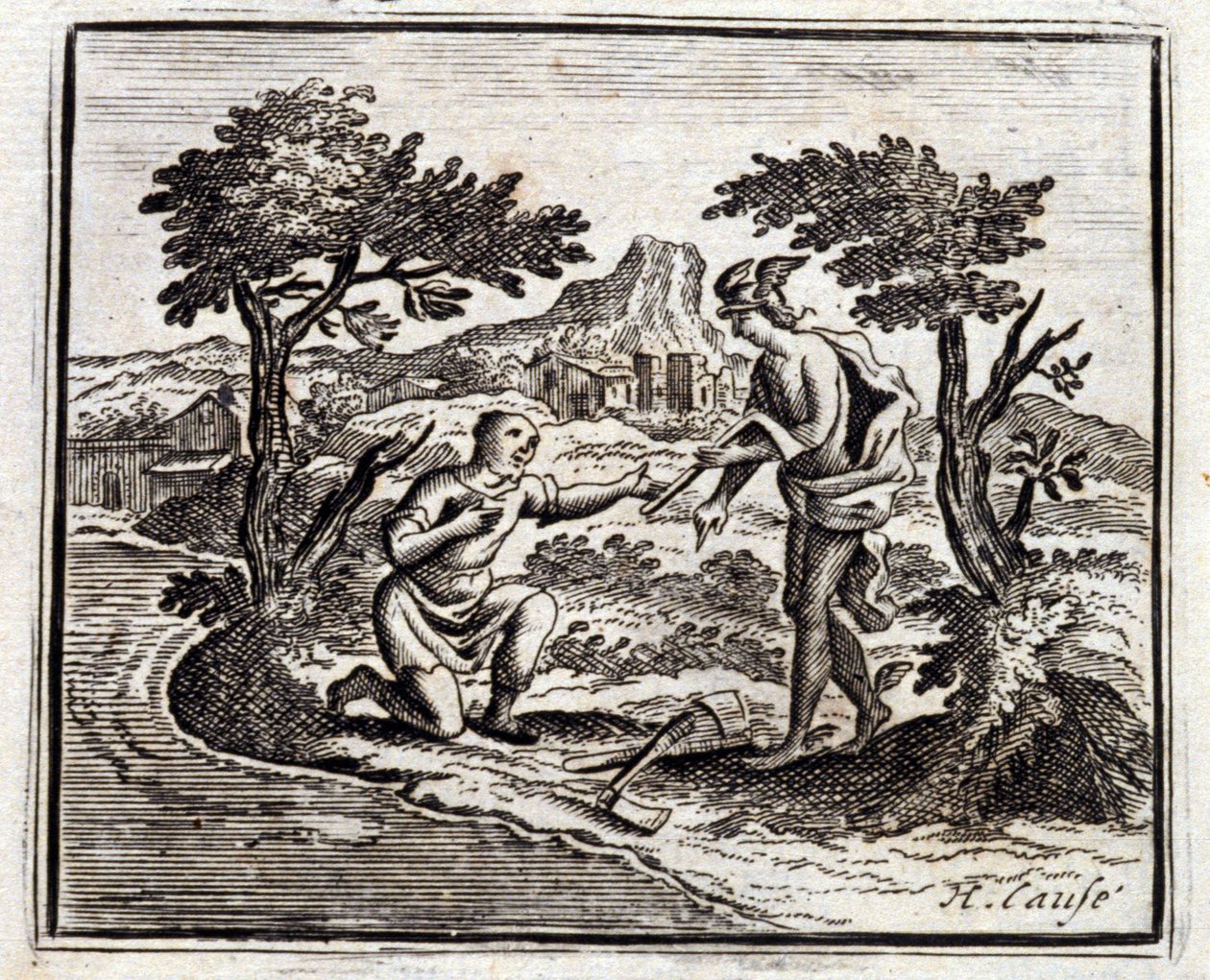 Bucheron och Merkurius. Fabler av Jean de La Fontaine (1621-95). Illustration av Francois Chauveau (1613-1676). Upplaga av 1728. av Francois Chauveau