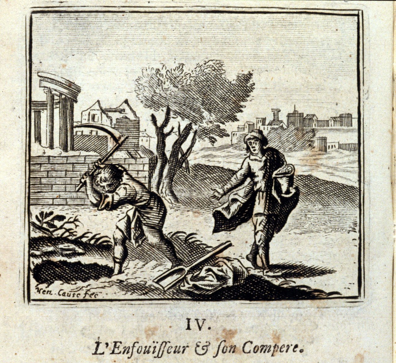 Brännaren och hans Compere. Fabler av Jean de La Fontaine (1621-95). Illustration av Francois Chauveau (1613-1676). Upplaga av 1728. av Francois Chauveau