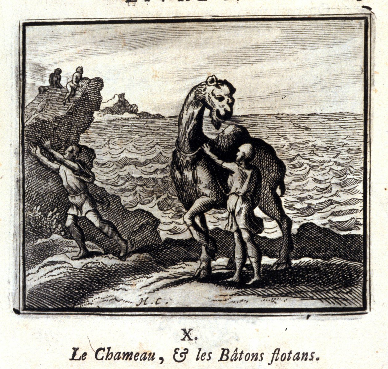 Kamelen och de flytande pinnarna. Fabler av Jean de La Fontaine (1621-95). Illustration av François Chauveau (1613-1676). Upplaga av 1728. av Francois Chauveau