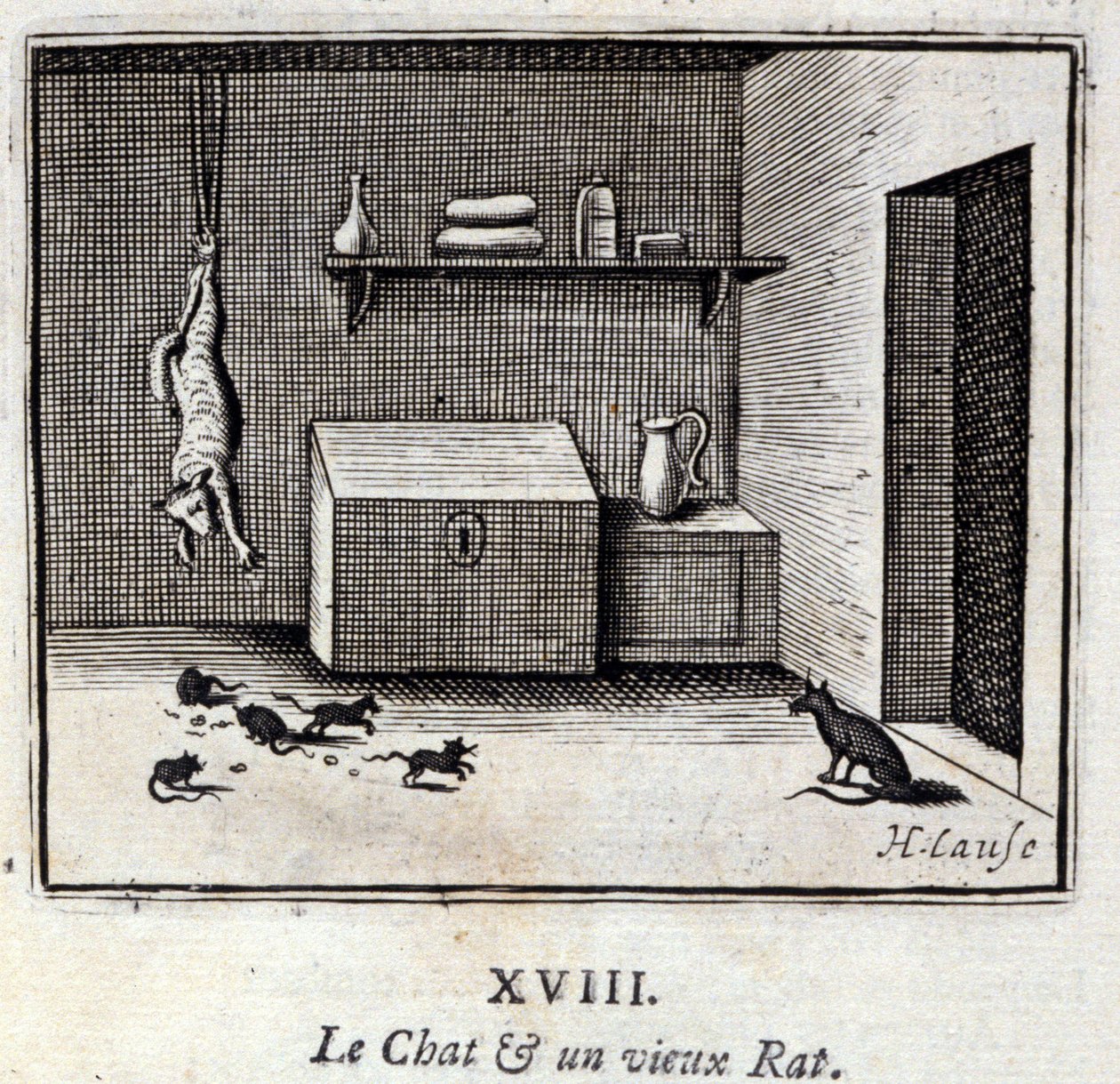 Katten och en gammal råtta. Fabler av Jean de La Fontaine (1621-95). Illustration av Francois Chauveau (1613-1676). Upplaga av 1728. av Francois Chauveau