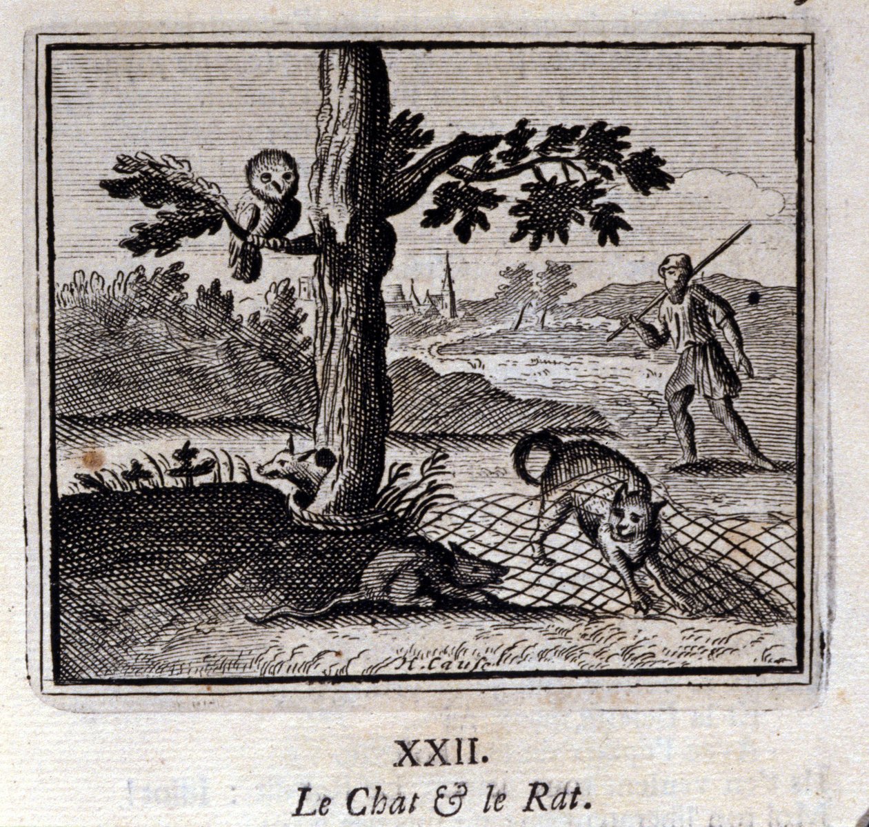 Katten och råttan. Fabler av Jean de La Fontaine (1621-95). Illustration av Francois Chauveau (1613-1676). Upplaga av 1728. av Francois Chauveau