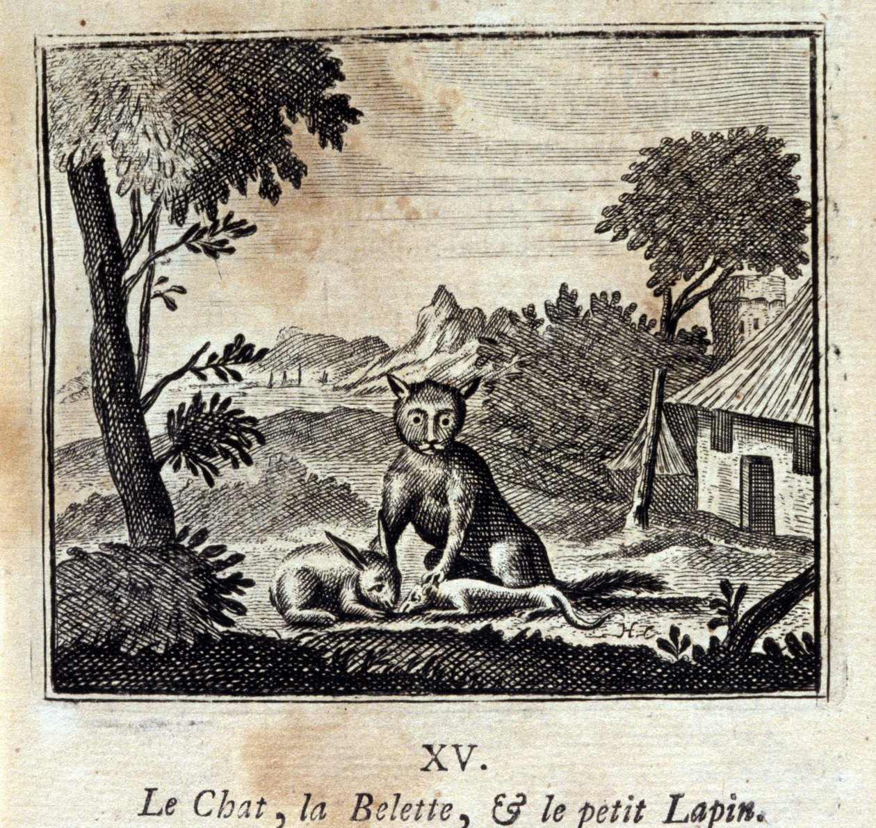 Katten, väslan och den lilla kaninen. Fabler av Jean de La Fontaine (1621-95). Illustration av François Chauveau (1613-1676). Upplaga av 1728. av Francois Chauveau