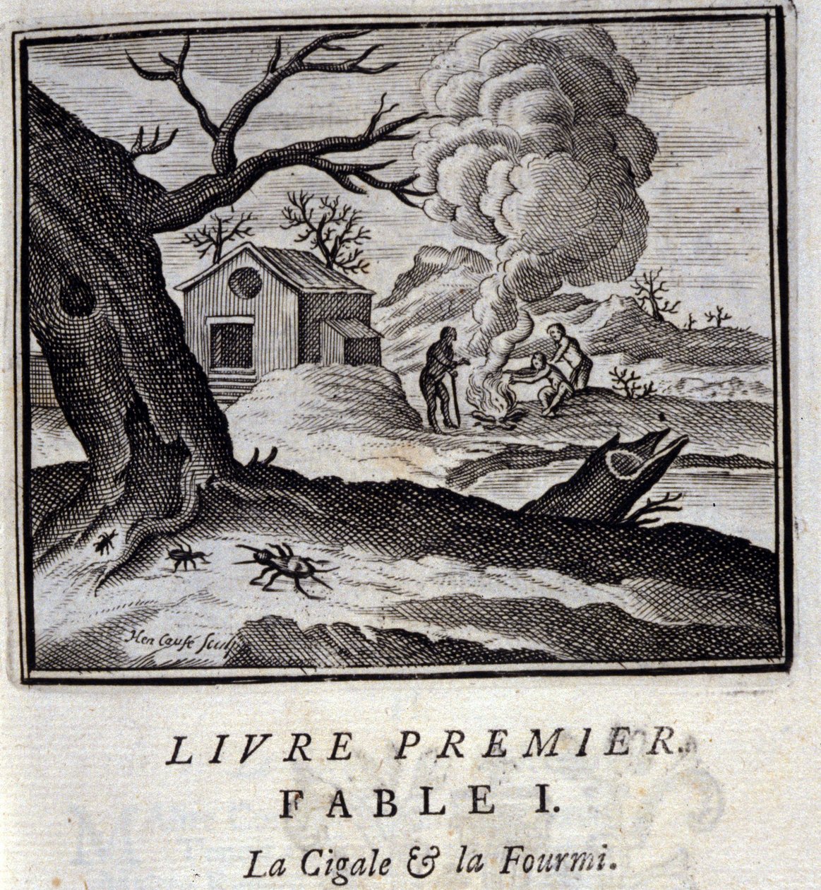 Cigalen och myran. Fabler av Jean de La Fontaine (1621-95). Illustration av François Chauveau (1613-1676). Upplaga av 1728. av Francois Chauveau