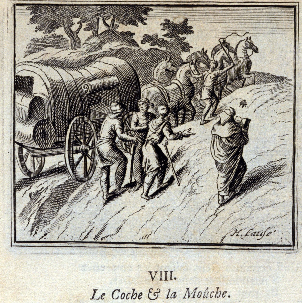 Cochen och flugan. Fabler av Jean de La Fontaine (1621-95). Illustration av Francois Chauveau (1613-1676). Upplaga av 1728. av Francois Chauveau