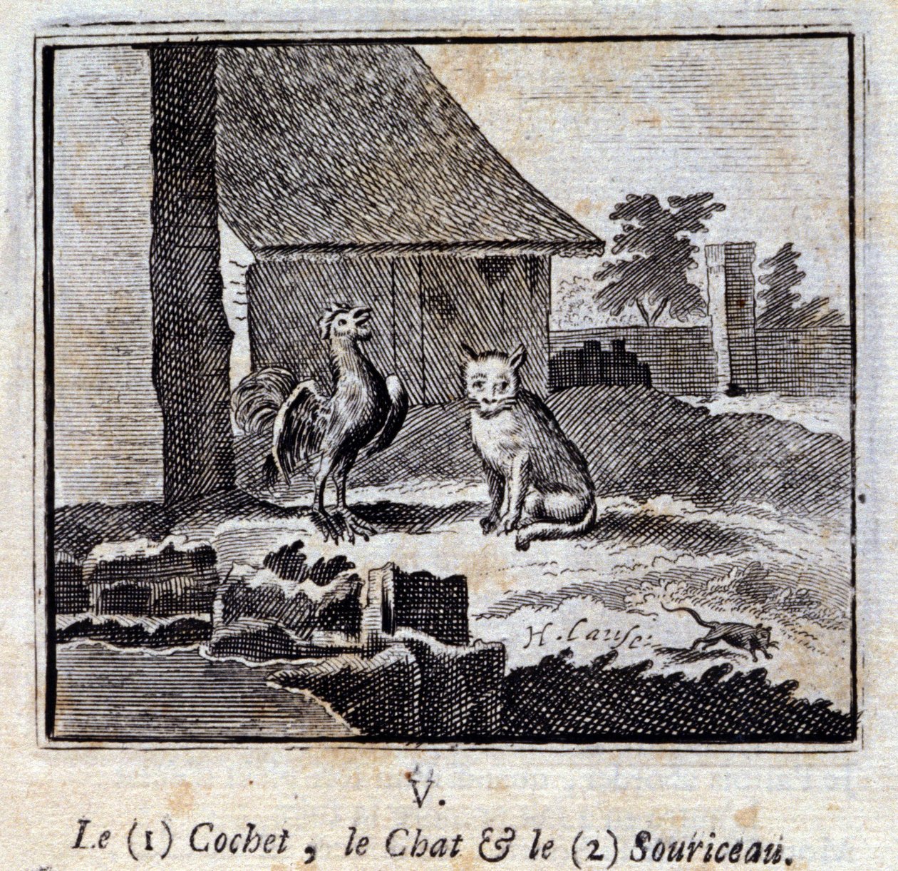 Cochet katten och musen. Fabler av Jean de La Fontaine (1621-95). Illustration av François Chauveau (1613-1676). Upplaga från 1728. av Francois Chauveau