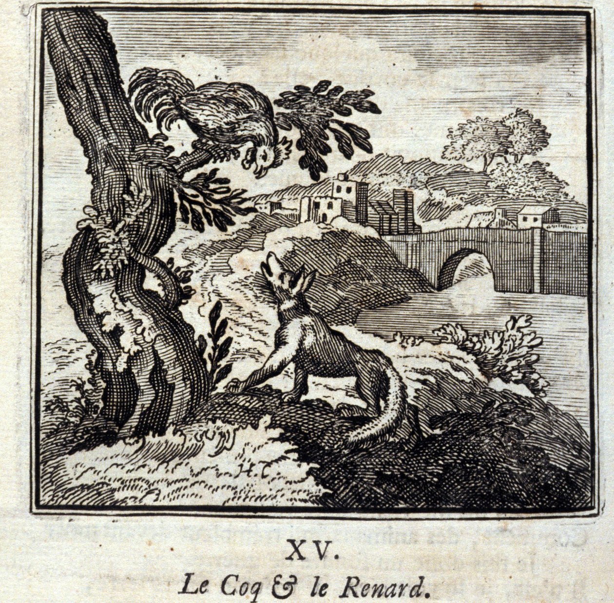 Coq och räven. Fabler av Jean de La Fontaine (1621-95). Illustration av Francois Chauveau (1613-1676). Upplaga av 1728. av Francois Chauveau