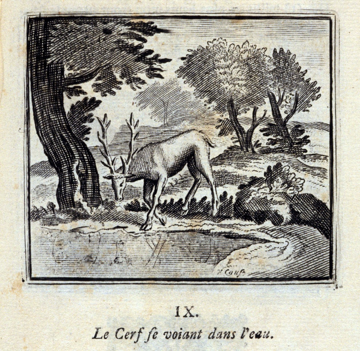 Rådjuret ser sig själv i vattnet. Fabler av Jean de La Fontaine (1621-95). Illustration av François Chauveau (1613-1676). Upplaga av 1728. av Francois Chauveau