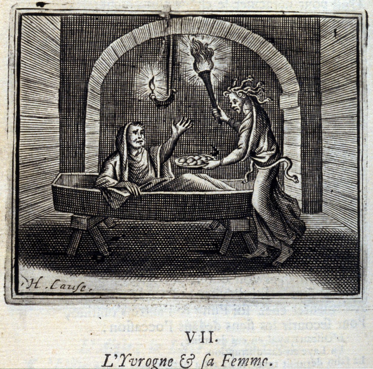 Fyllot och hans fru. Fabler av Jean de La Fontaine (1621-95). Illustration av François Chauveau (1613-1676). Upplaga från 1728. av Francois Chauveau