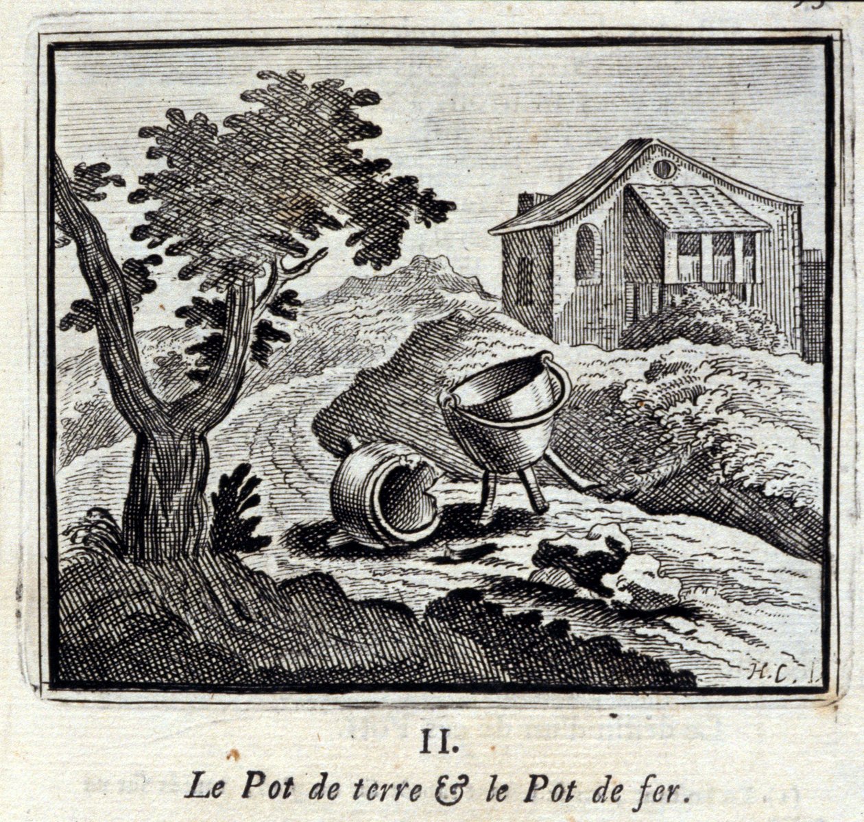 Jordgrytan och järngrytan. Fabler av Jean de La Fontaine (1621-95). Illustration av François Chauveau (1613-1676). Upplaga från 1728. av Francois Chauveau