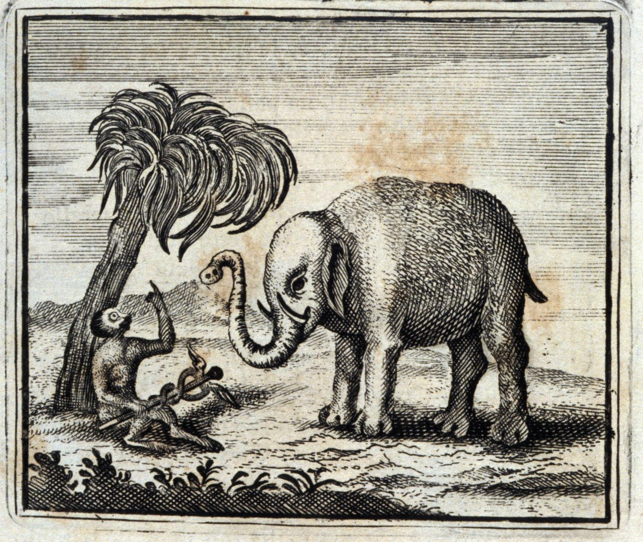Elefanten och Jupiters apa. Fabler av Jean de La Fontaine (1621-95). Illustration av François Chauveau (1613-1676). Upplaga av 1728. av Francois Chauveau