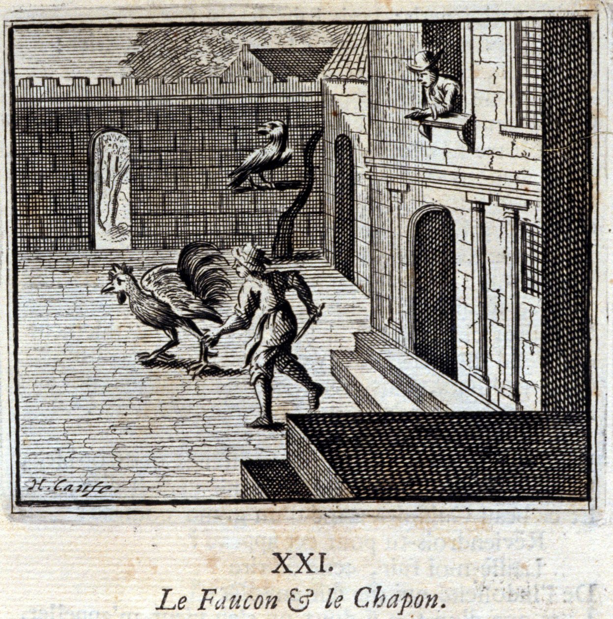 Falken och Kaponen. Fabler av Jean de La Fontaine (1621-95). Illustration av François Chauveau (1613-1676). Upplaga av 1728. av Francois Chauveau