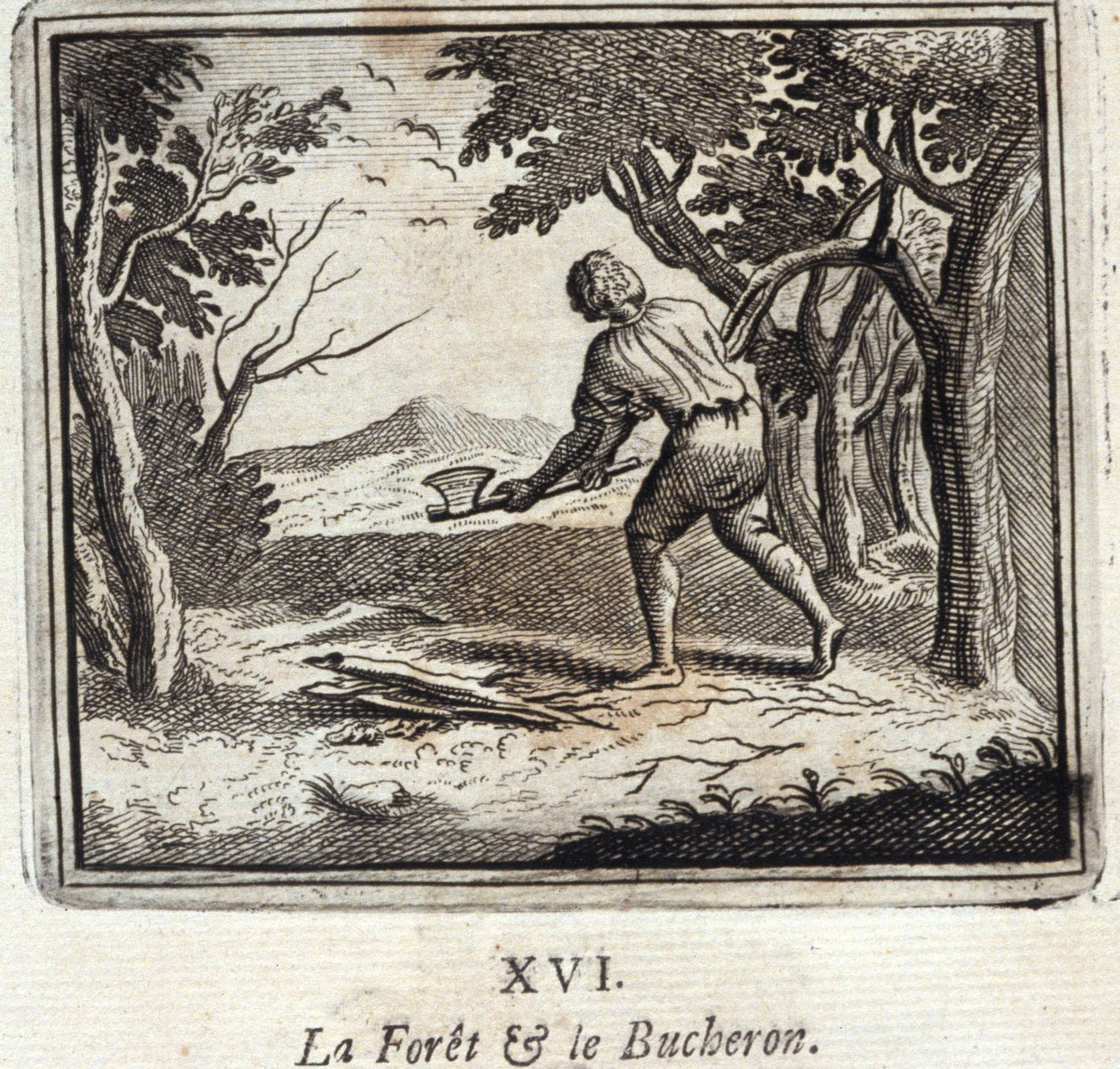 Skogen och Bucheron. Fabler av Jean de La Fontaine (1621-95). Illustration av Francois Chauveau (1613-1676). Upplaga av 1728. av Francois Chauveau