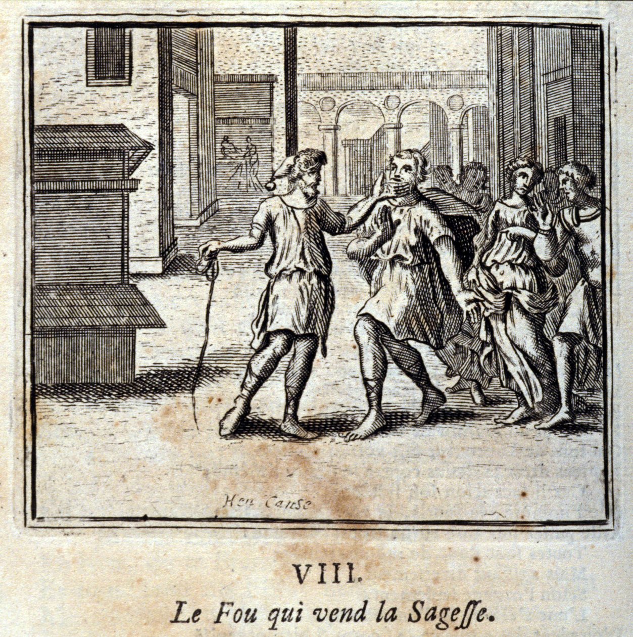 Foun som säljer visdom. Fabler av Jean de La Fontaine (1621-95). Illustration av Francois Chauveau (1613-1676). Upplaga av 1728. av Francois Chauveau