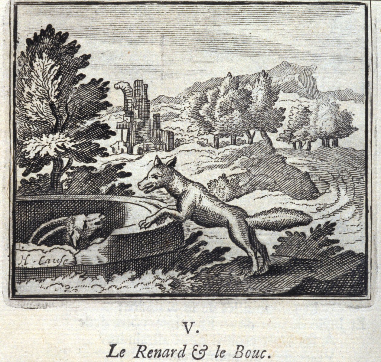 Räven och Bouc.Fables av Jean de La Fontaine (1621-95). Illustration av François Chauveau (1613-1676). Upplaga av 1728. av Francois Chauveau