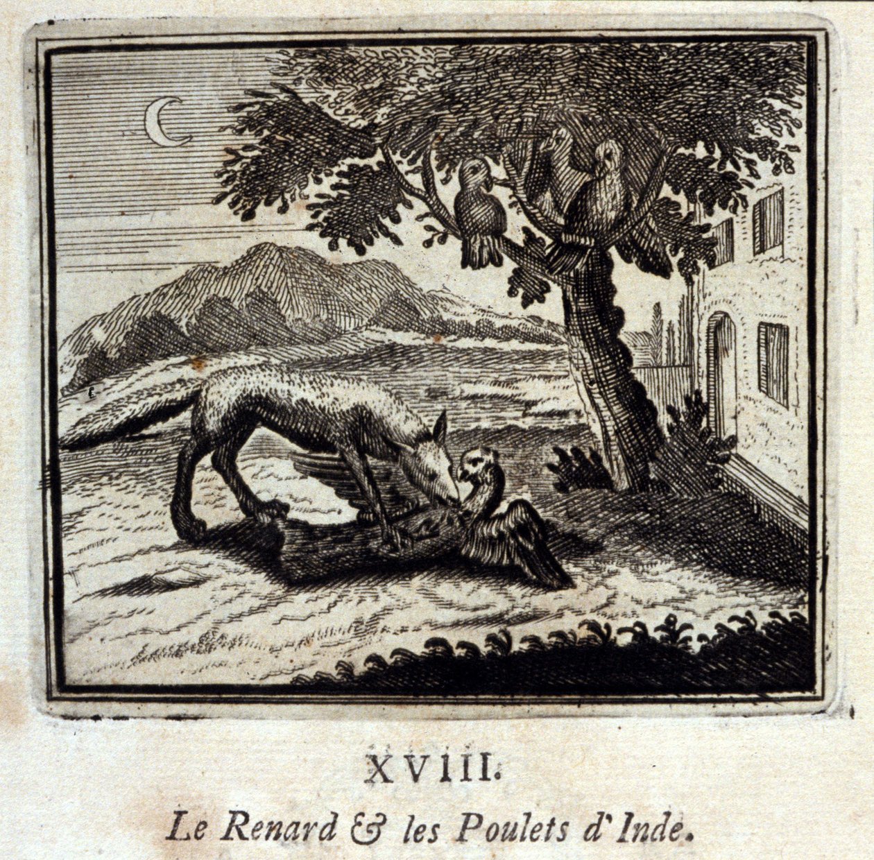 Le Fox ma moa a Initia. Fagogo saunia e Jean de La Fontaine (1621-95). Ata na tusia e François Chauveau (1613-1676). Lomiga o le 1728.swed av Francois Chauveau