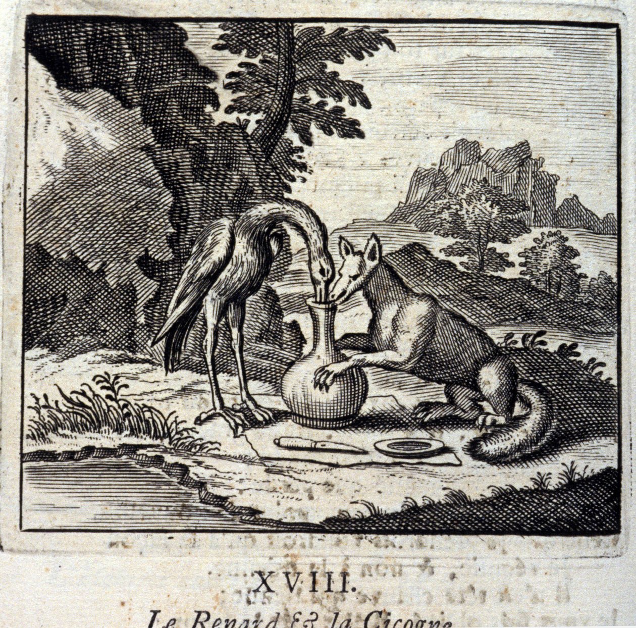 Räven och storken. Fabler av Jean de La Fontaine (1621-95). Illustration av Francois Chauveau (1613-1676). Upplaga av 1728. av Francois Chauveau