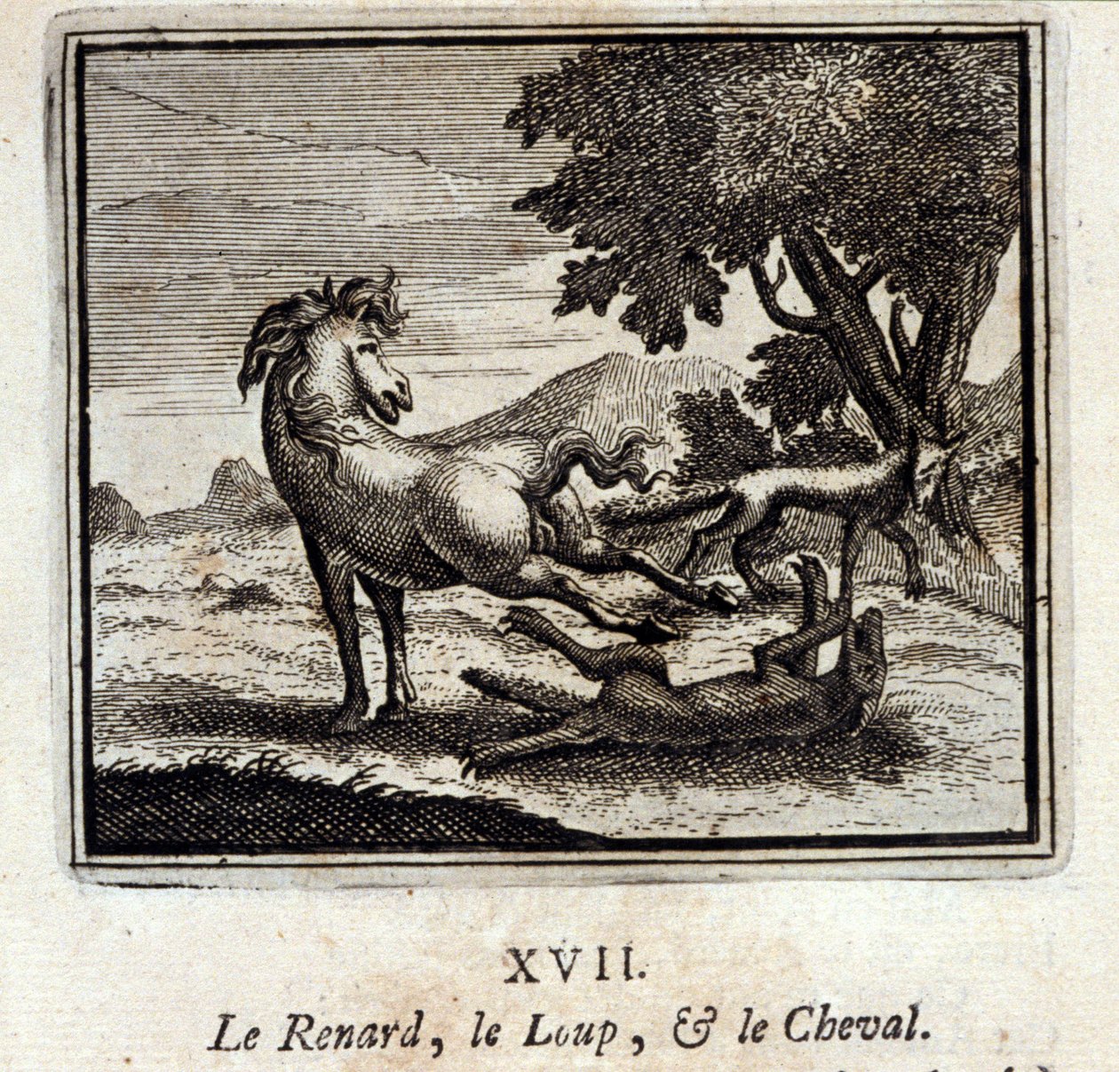 Räven, vargen och hästen. Fabler av Jean de La Fontaine (1621-95). Illustration av François Chauveau (1613-1676). Upplaga av 1728. av Francois Chauveau
